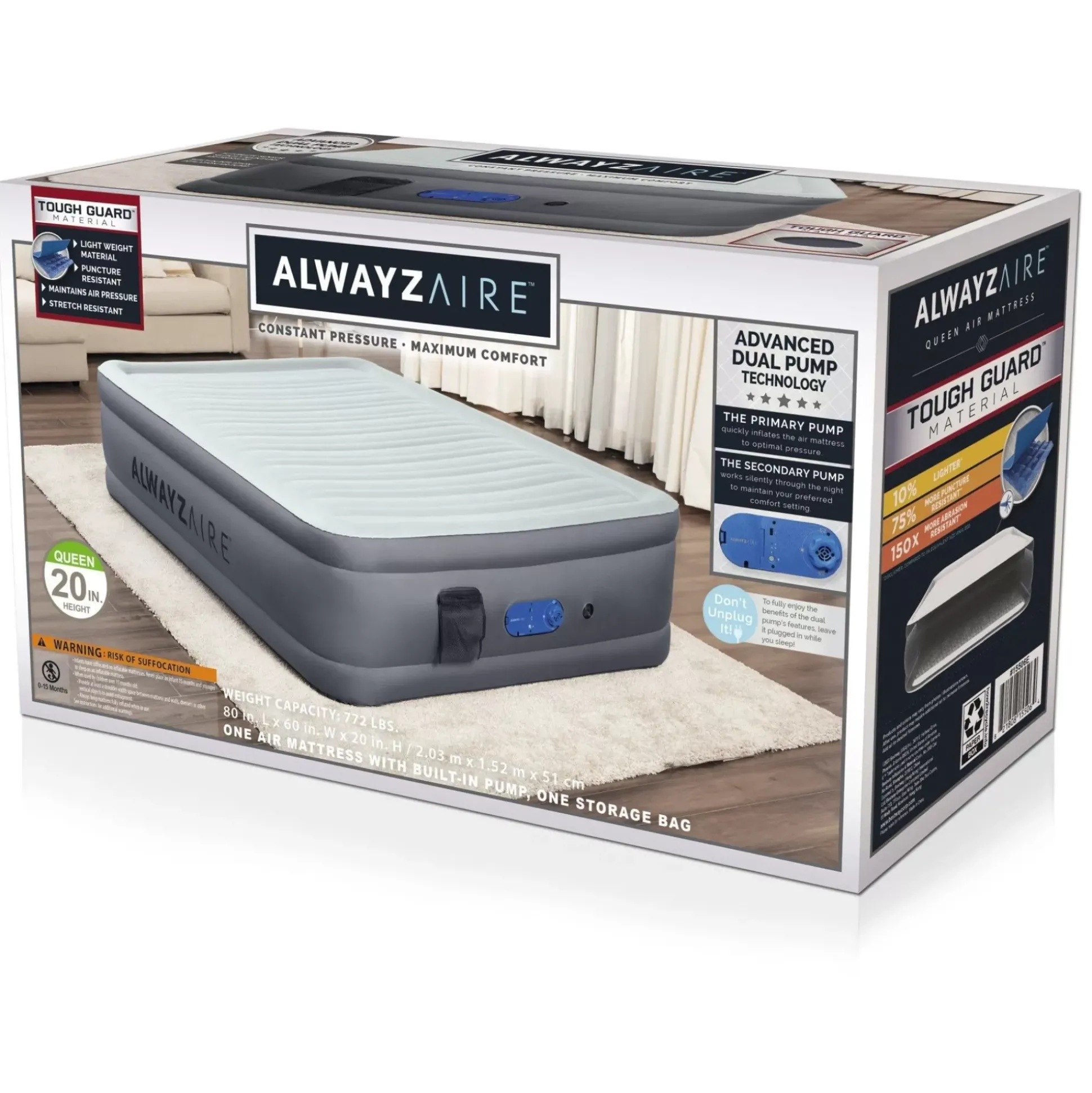 Bestway Alwayzaire Tough Guard Air Mattress Queen 20 With Built-In Dual Pump And Antimicrobial Coating Outlet